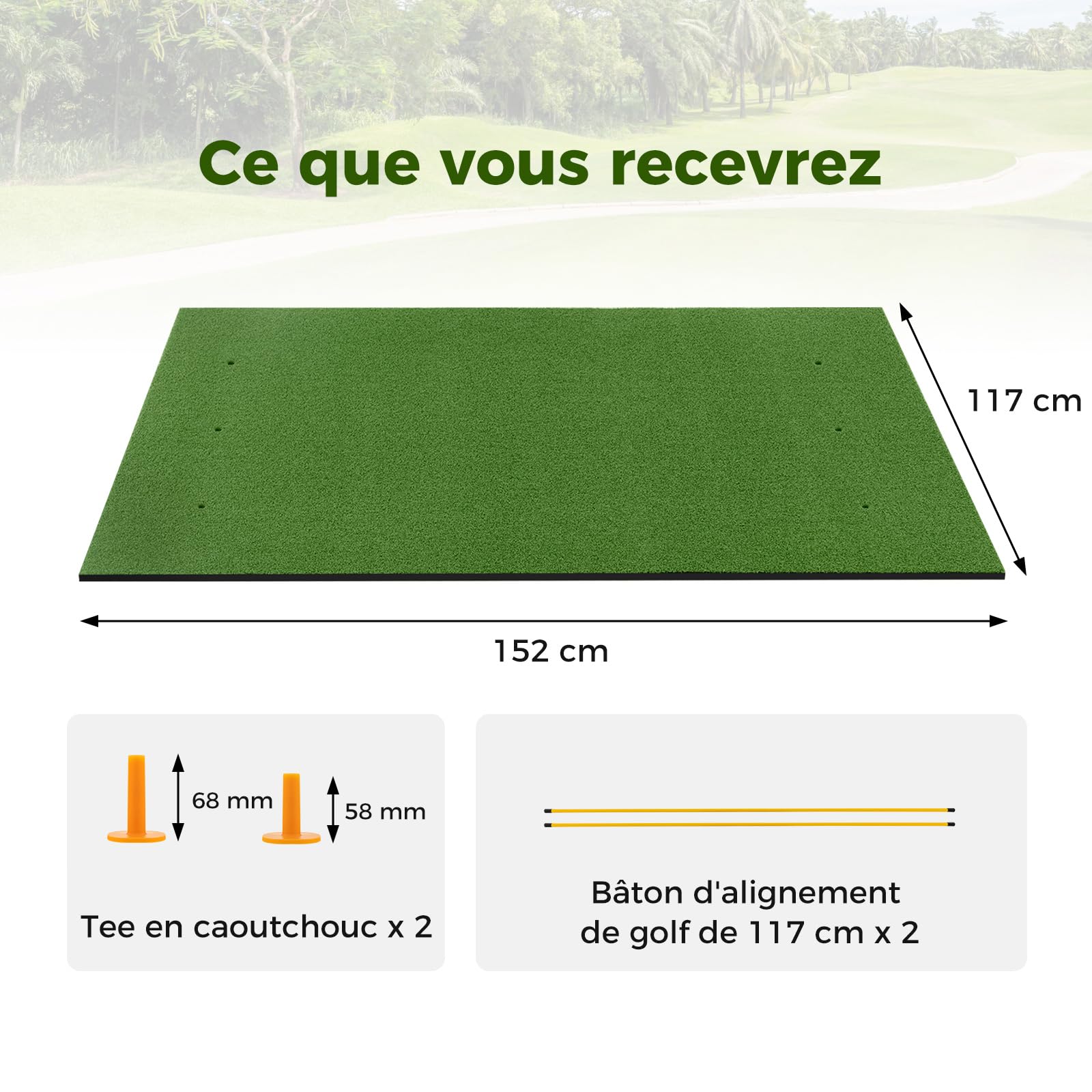 COSTWAY Tapis de Frappe de Golf, Tapis d'Entraînement de Golf avec 2 Positions de Tee et 2 Bâtons d'Alignement 6 Trous de Tee Pré-percés, pour Intérieure/Extérieure
