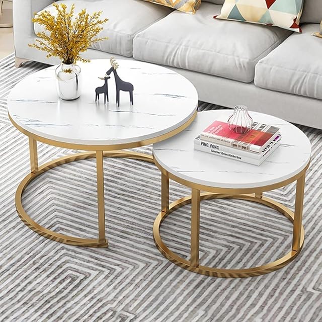 Nesting Coffee Tables Set, Round Coffee Table MDF Faux Marble Tabletop Arc Craft Gold Color Frame Free Stretch Widened Steel Frame, for Living Room, Office, Balcony