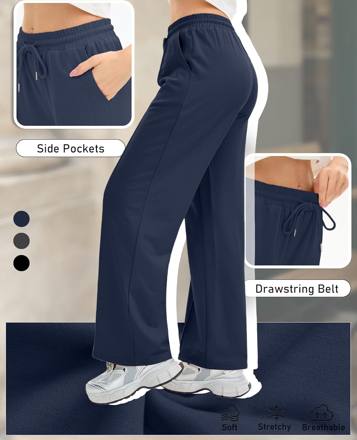 3 Pack Women's Wide Leg Lounge Pants High Waisted Baggy Sweatpants Drawstring Athletic Yoga Joggers with Pockets - Image 5