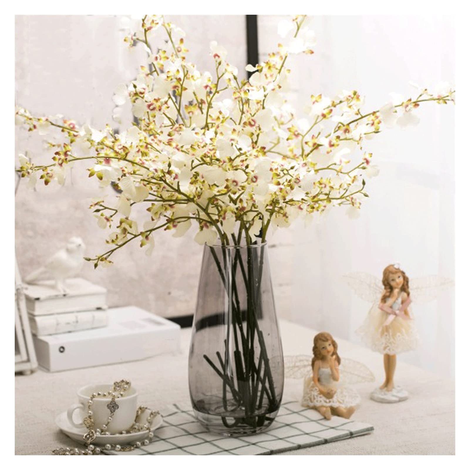 Sztuczne Kwiaty z Wazonem Sztuczna orchidea ze szklanym wazonem, sztuczna jedwabna tańcząca dama orchidea na świąteczny prezent, białe/żółte sztuczne kwiaty Dekoracje ze Sztucznych Kwiatów(Size:B)
