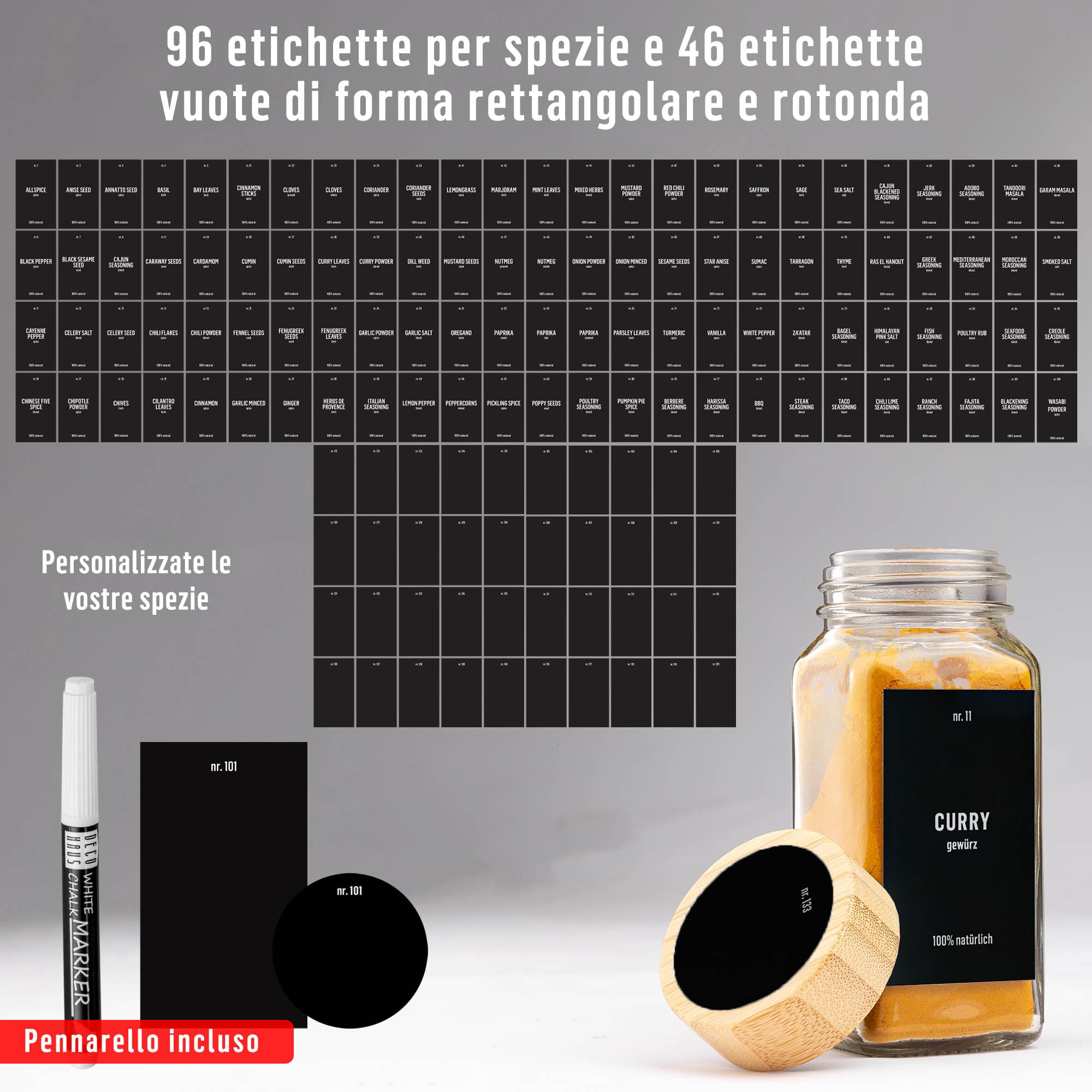 Deco haus® Set da 12 Contenitori per Spezie con Tappo a Vite - Kit per Condimenti con Etichette, Imbuto, Spazzola, Pennarello - Barattoli Portaspezie Piccoli in Vetro Trasparente da 120ml, 10,5x4,3 cm