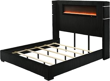 Acme Garner EK Bed with Fireplace in Black & Gray Corduroy