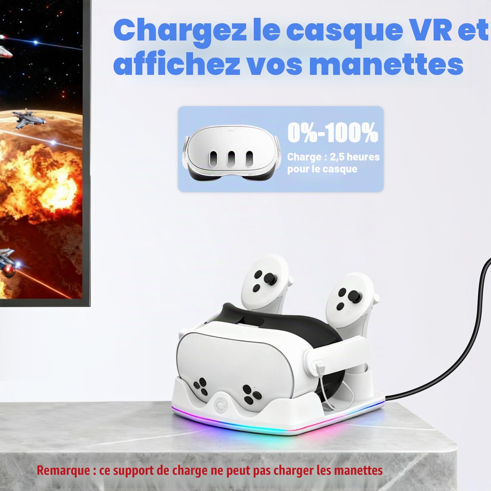 Station de Charge Compatible avec Meta Quest 2/3/3S, Support de Chargeur pour Casque avec Lumière RVB, Station de Recharge Rapide pour Casque VR