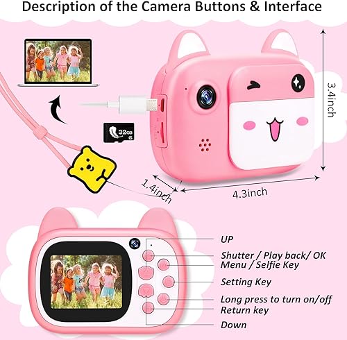 Miniatura 7 de Cámara para niños con video selfie HD de 1080P con tarjeta SD de 32 GB, cámara digital para niños, cámara para niños pequeños para niñas y niños