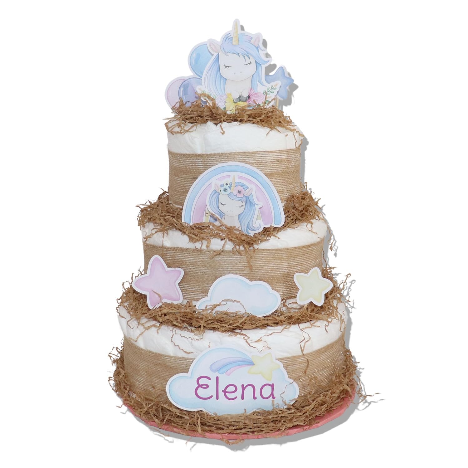 Tarta de pañales 3 pisos modelo UNICORNIOS - Regalos para recién nacido - baby shower - TARTAS DE PAÑALES Y MÁS