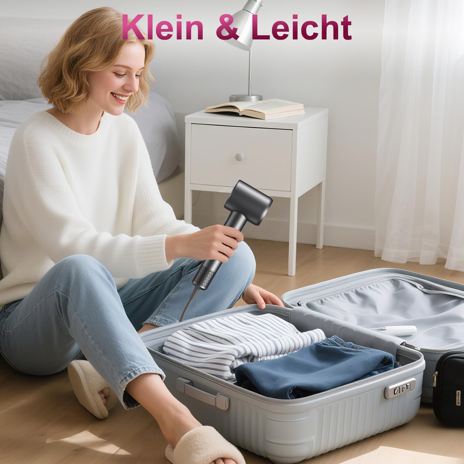 Haartrockner, 200 Mio. Ionen föhn mit Diffusor, 110,000 U/min Bürstenloser Motor, 1600W, 59 dB, Fön Klein für Reise, 2 Jahre Garantie,Grau