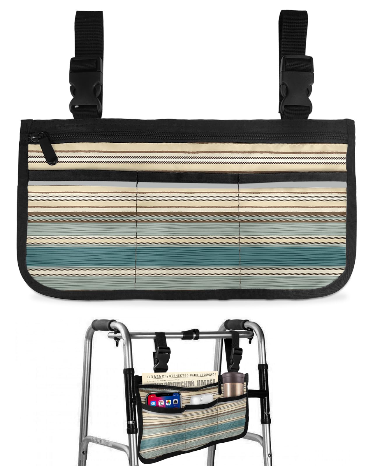 Striped Boho Wheelchair Side Bag Walker Bag, Teal Colorful Geometric Stripes Wheelchair Accessories Armrest Pouch, Organizer Storage Bag for Walkers, Rollators, Scooters, 7.3''x13''