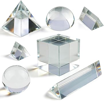 7 Pack K9 Optical Crystal Photography Prism Set, Include 1-4in Triangular Prism, 2in Crystal Glass Prism Cube, 2in Crystal Ball, 2in Dome Magnifier, Light Prism for Physics Teaching Photography Play