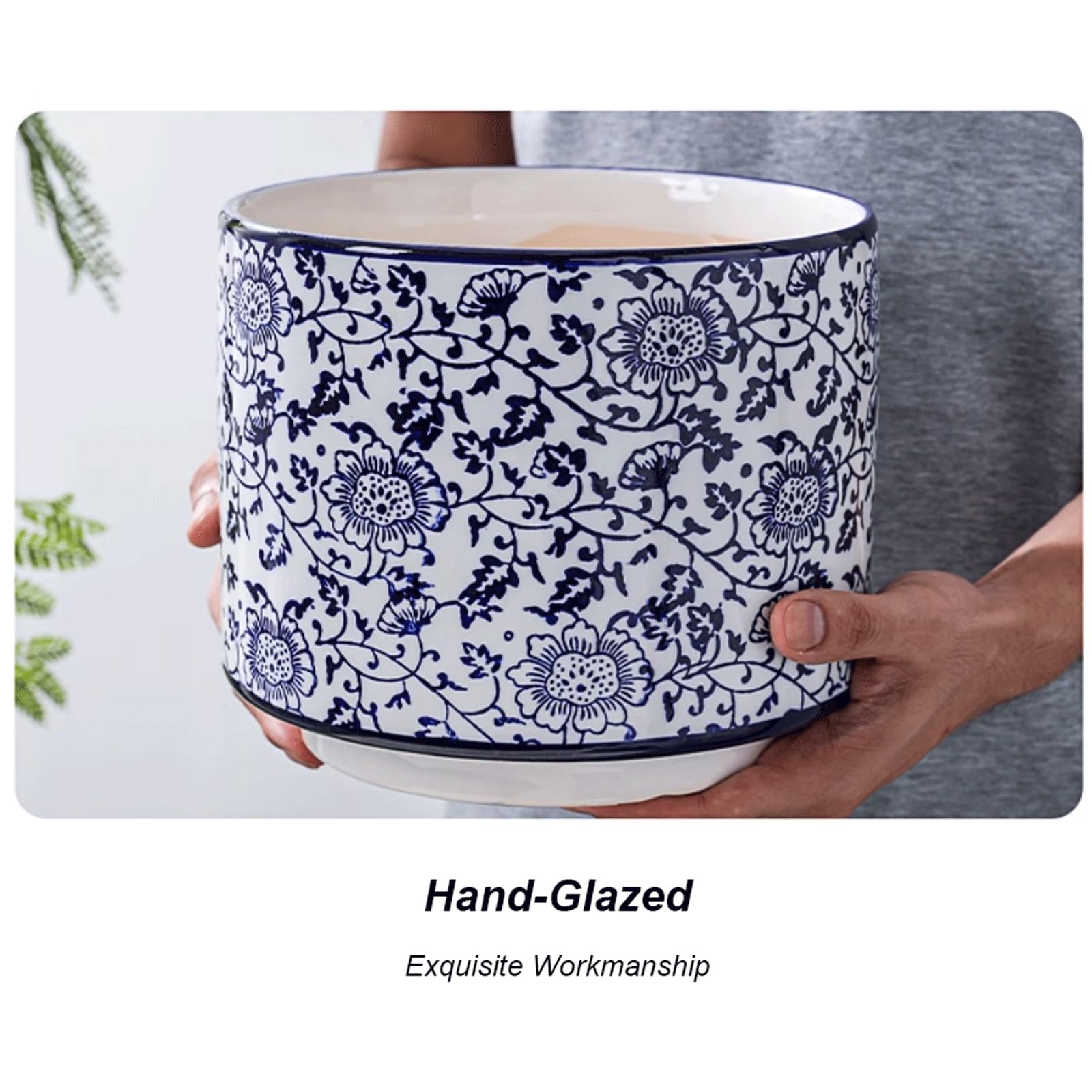 Maceta Chinoiserie Vaso per piante in porcellana blu e bianca, vaso da fiori decorativo in ceramica cinese, con foro di drenaggio e vassoio, per interni e giardino