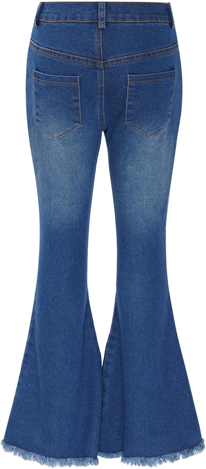 ranrann Kids Girls Vintage Flared Jeans Elastic Waist Denim Pants Girls Bell Bottoms Casual Hiking Trousers Size 6-16 Years