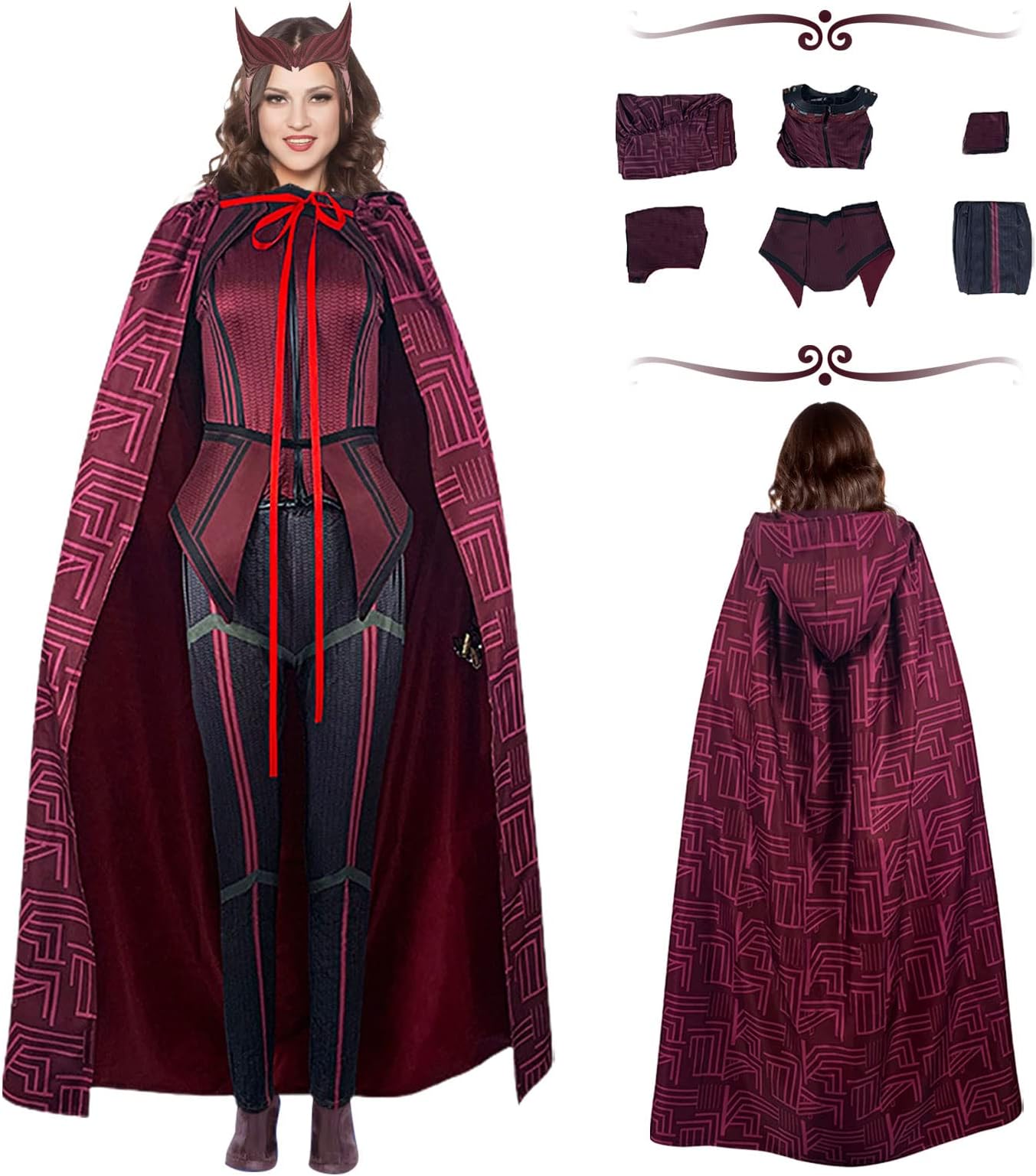 Wanda Maximoff Scarlet Witch Halloween Costume With Cloak and Headpiece - Party Props