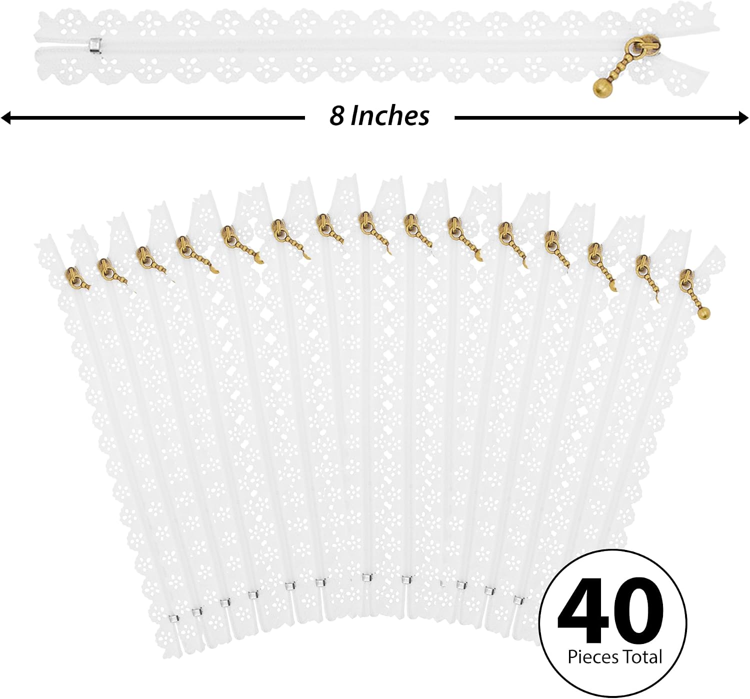 Mandala Crafts White 8 Inch Lace Zippers for Sewing – 40 Pack Fancy Novelty Exposed Decorative Zippers with Lacy Flower Trim for Bags, Purses, Crafts, and Clothing