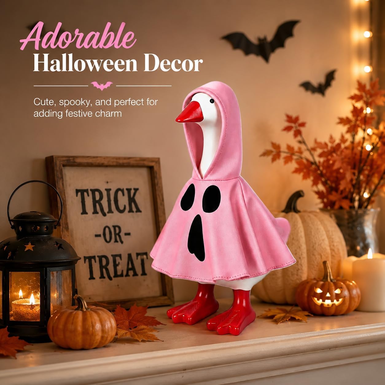 OCOUYVD Halloween Desktop Goose Costume Clothing Accessories Set, Pink Ghost Hooded Cape Outfit for 7 Inch Desk Goose Figurine Cute Goose Statue Clothes Decor Accessory image 4