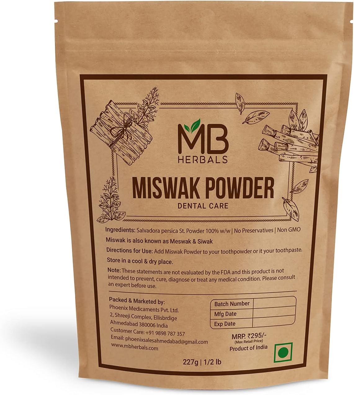 MB Herbals Miswak Powder 8 oz (0.5 lb) | 100% Pure Siwak Sewak | Salvadora persica | Natural Tooth Powder | Miswaq Toothpowder