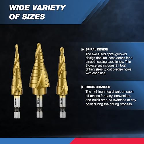 Miniatura 3 de NEIKO Juego de brocas escalonadas 10181A 3 piezas ranuradas en espiral para una perforación más rápida brocas escalonadas para acero inoxidable