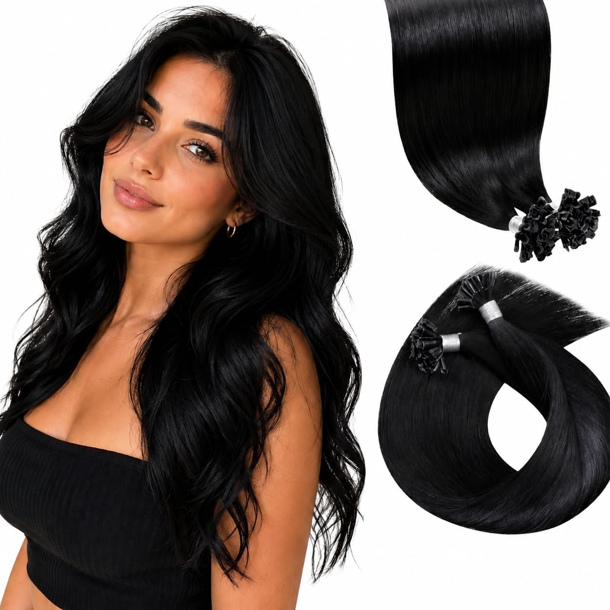 LaaVoo Extension Capelli Veri Cheratina Nero Jet 60cm 50g 50 Ciocche Morbidi Setosi