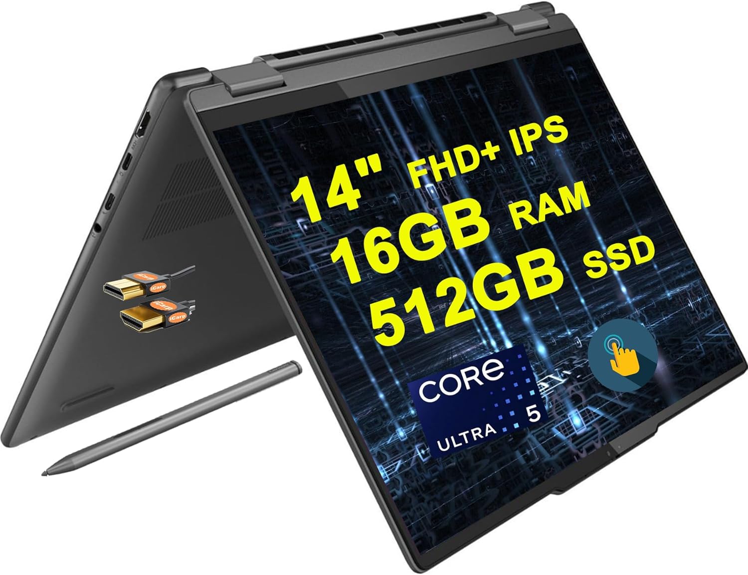 Lenovo Yoga 7 14 2-in-1 AI PC Laptop 14 FHD Touch Glossy, Anti-Fingerprint Intel 12-core Ultra 5 125U >i7-1335U 16GB DDR5 512GB SSD Backlit Fingerprint Thunderbolt with Pen Win11  HDMI Cable