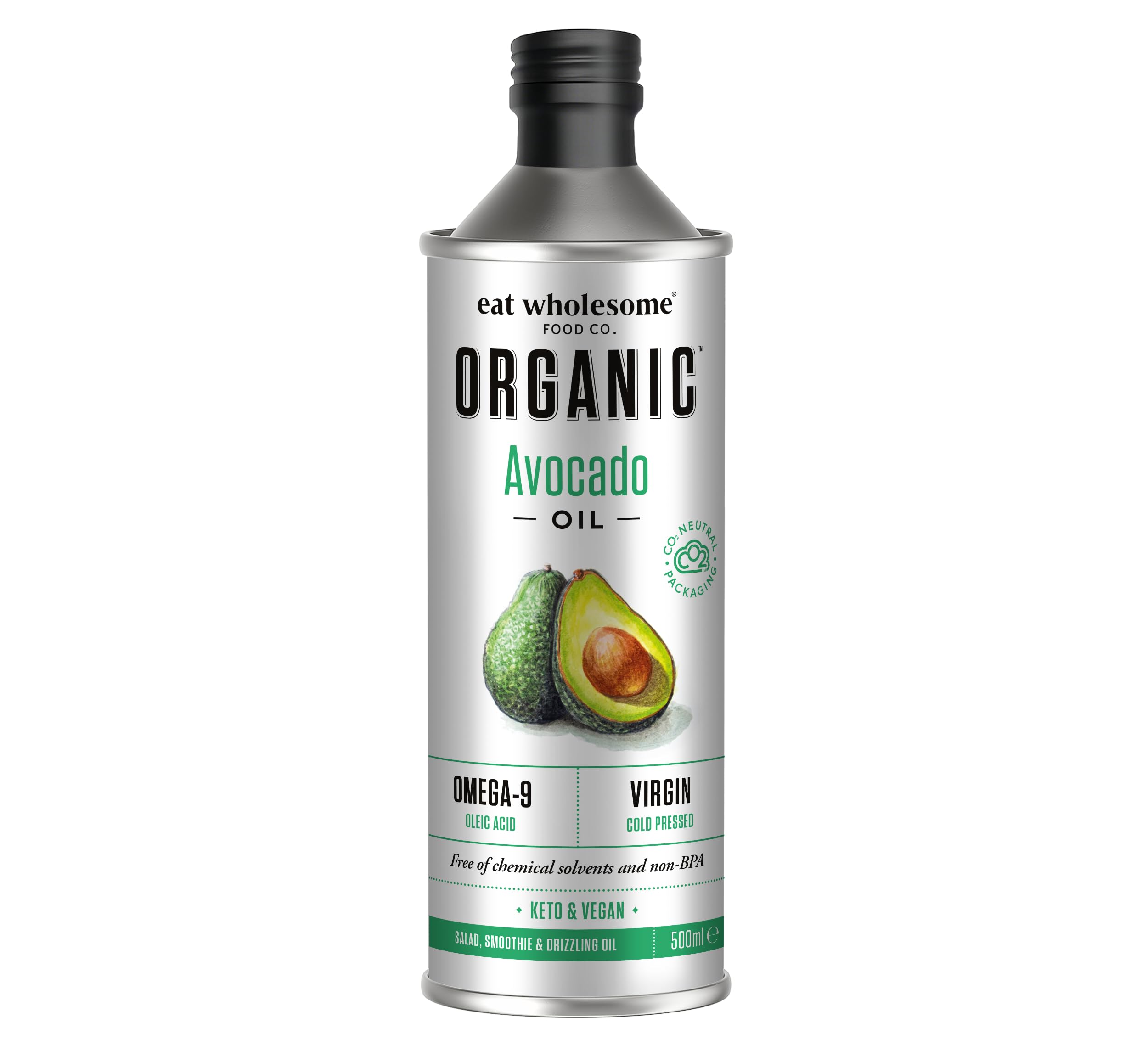 Eat Wholesome Organic Avocado Oil, 500ml - Cold Pressed, Unrefined, High Source of Omega 9, 100% Pure & Natural, Rich In Monounsaturated Fats, High Smoke Point, Vegan