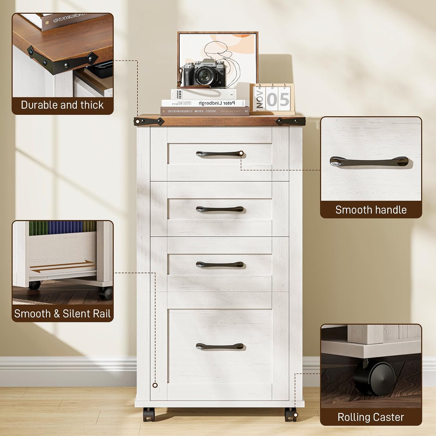 Halitaa 4 Drawer Mobile File Cabinet, Vertical Rustic Filing Cabinet for Hanging A4/Letter Size, Printer Stand with Storage Organization for Home Office