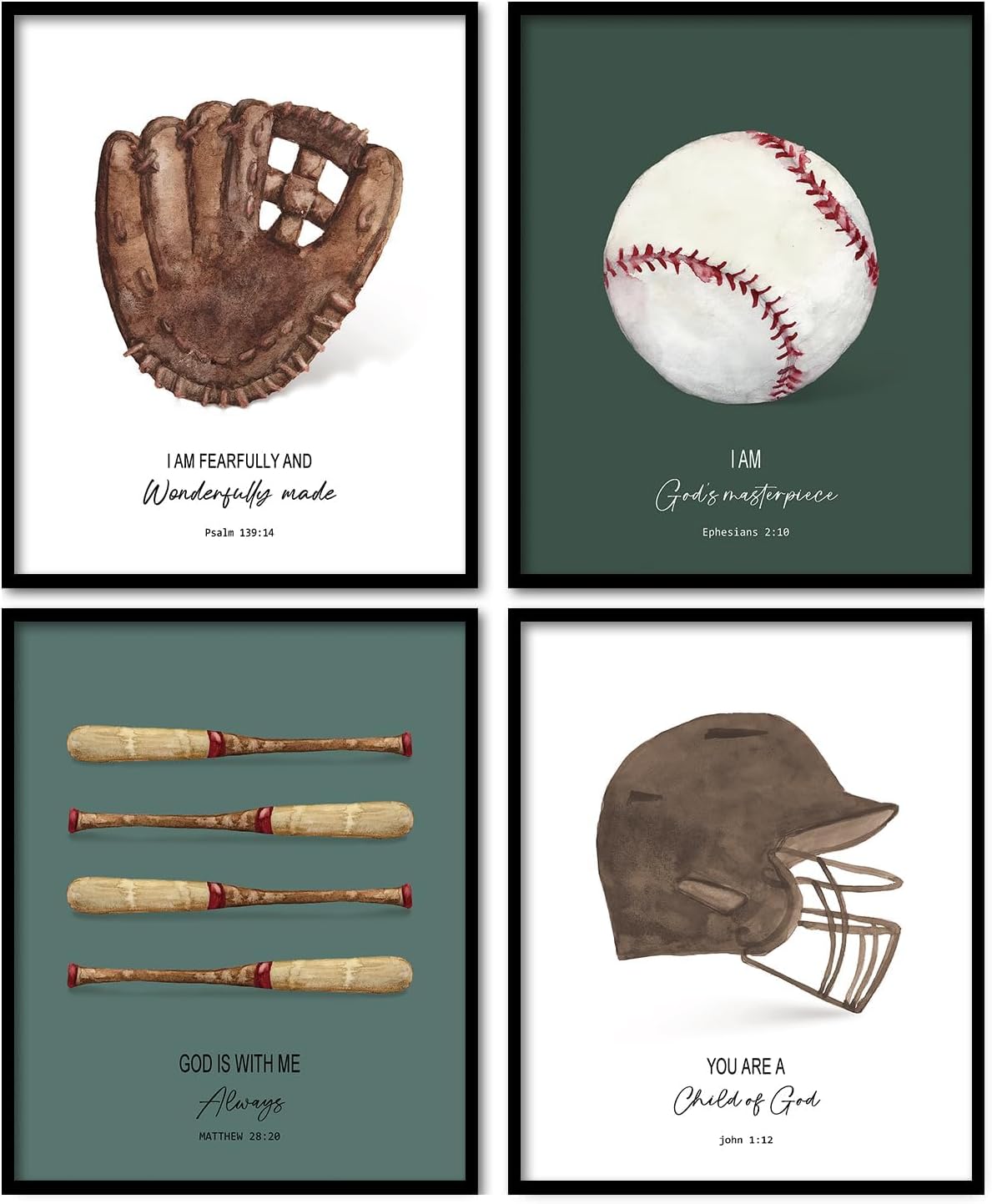 foedor Scripture Sports Baseball Room Decor for Boys Room,Christian Baseball Wall Art Decorations for Boys Room,Vintage Sports Wall Art for Classroom Gym Playroom, 8x10 Unframed,Set of 4