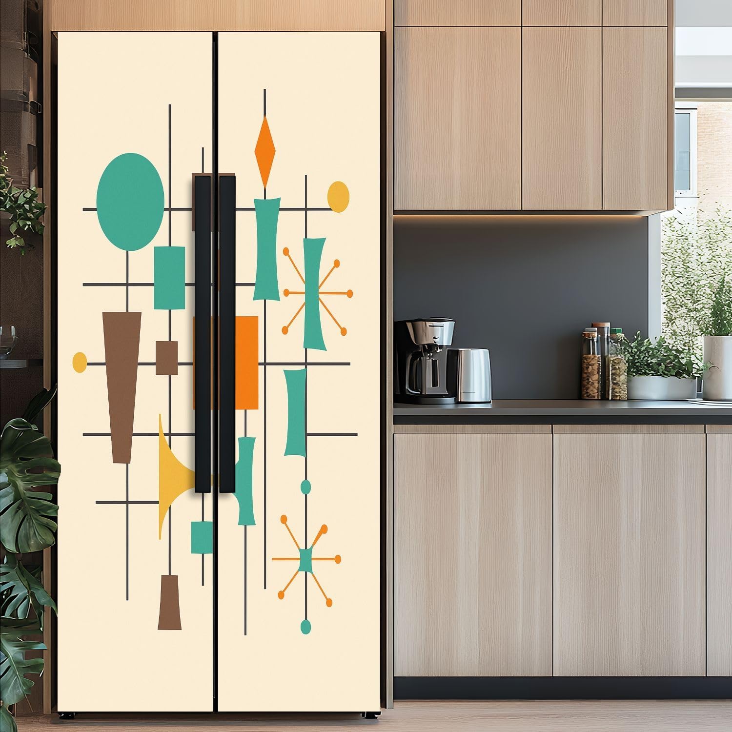 Self Adhesive Vinyl Refrigerator Wrap 50s Mid Century Modern Vintage Retro 1950s Mod Fifties Geometric Door Mural Sticker Peel and Stick Removable Door Cover Fridge Wrap Decal for Kitchen Decor