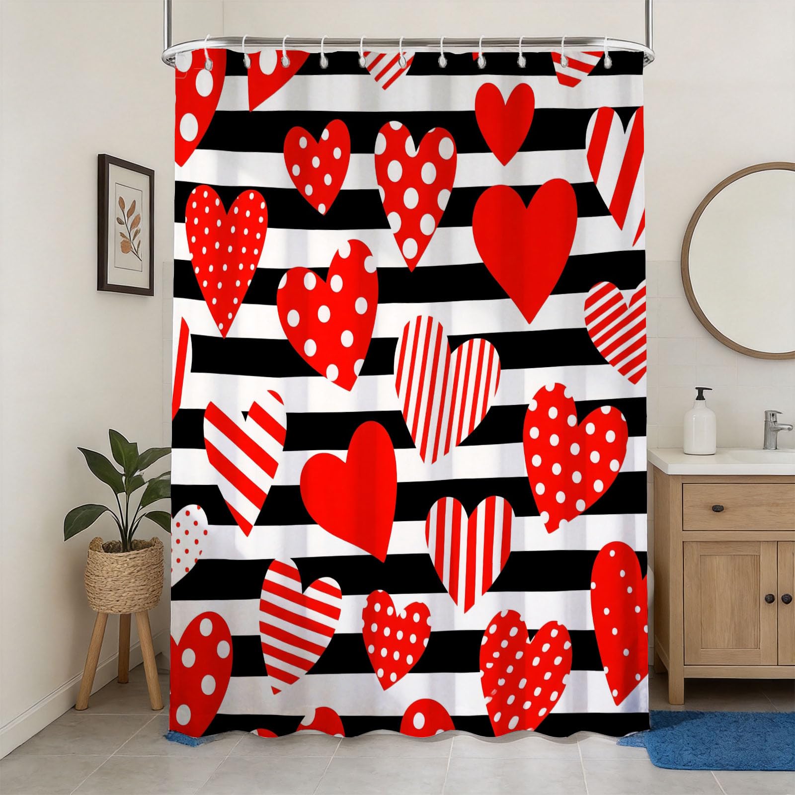 Hongduo 3D Love Heart Shower Curtain for Stalls Bathtubs Black and Snowy Stripe Bathroom Decor Shower Curtain Set Polyester Fabric Waterproof 200x200cm/79X79 Inch with Hooks