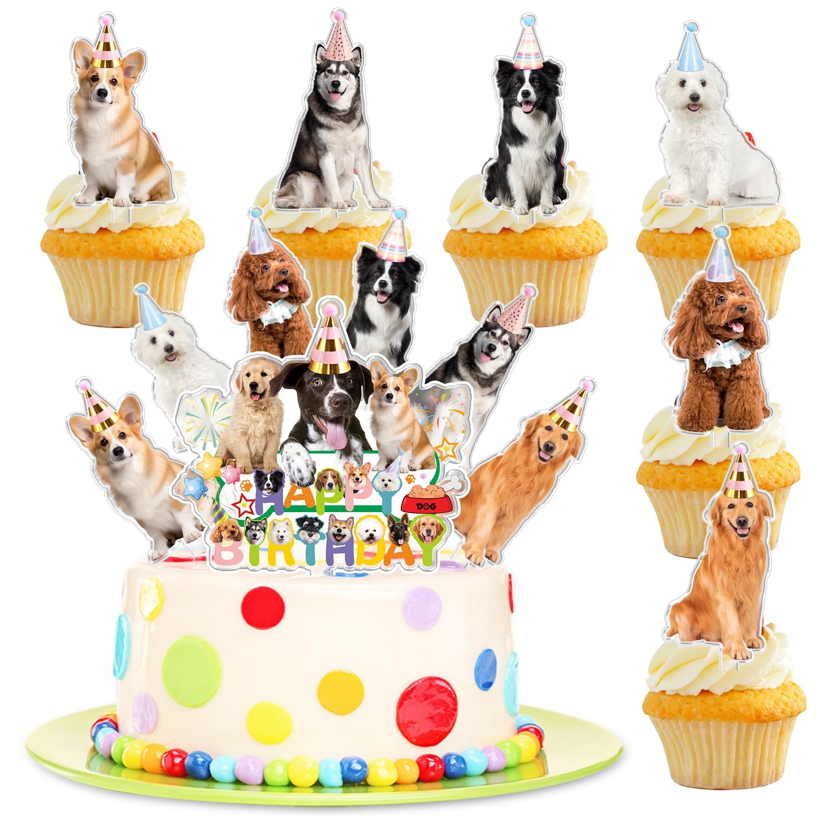 Hond taartdecoratie 7 stuks, hondentaartdecoratie voor verjaardag, hond, kinderverjaardag, cupcake-topper voor meisjes en jongens, verjaardagsdecoratie, hondenthema taarttoppers