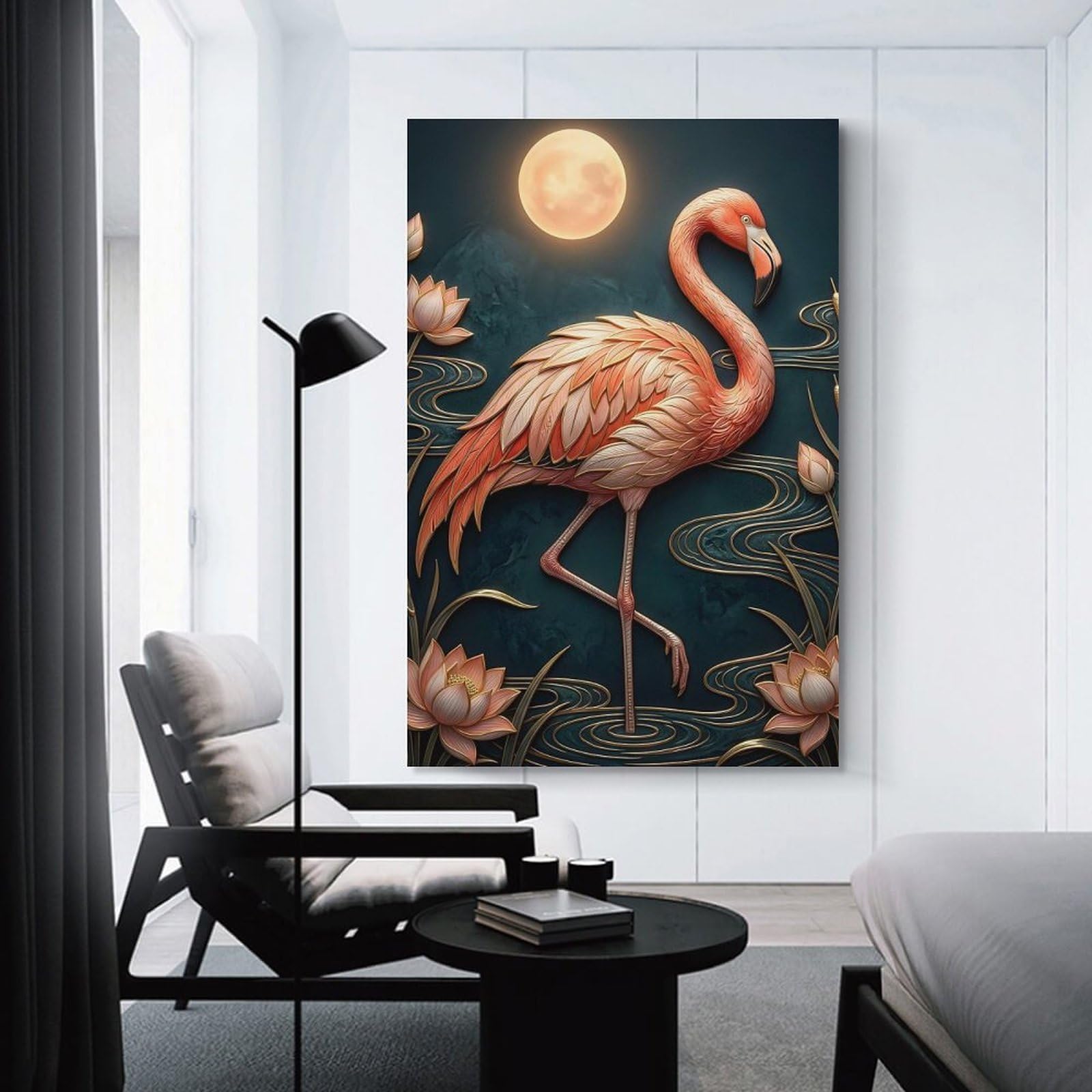 Junmoney Flamingo And Lotus Moonlit Scene Room Decor Wall Art, 20x30inch(50x75cm), for Office, Study Or Home Workspace, A Smart Decor Choice for Study Walls