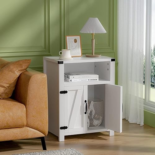 Miniatura 6 de Juego de 2 mesitas de noche blancas para dormitorio juego de 2 mesas auxiliares con estante abierto y puerta de granero mesas auxiliares modernas de