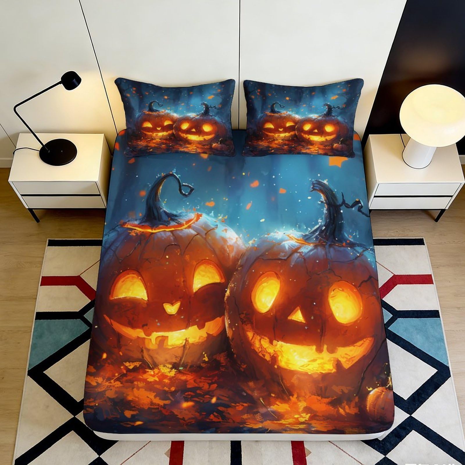 3D Printed Pumpkin Lantern Fitted Sheet Microfiber Soft Orange Halloween Bed Cover for Bedroom Guest Room Decor 90x200x25cm