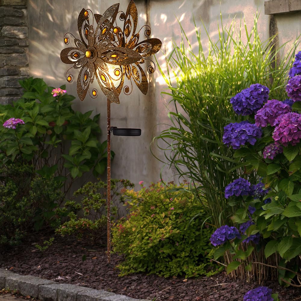 GLOBO Solarleuchte Windrad Solarlampe Erdspieß Gartendeko Solar Gartenstecker rost, Metall, LED warmweiß, 2er Set