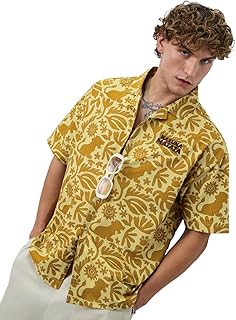 The Souled Store Lion King: Hakuna Vibes Men and Boys Short Sleeves Collared Neck Button Front Yellow All Over Printed Ove...