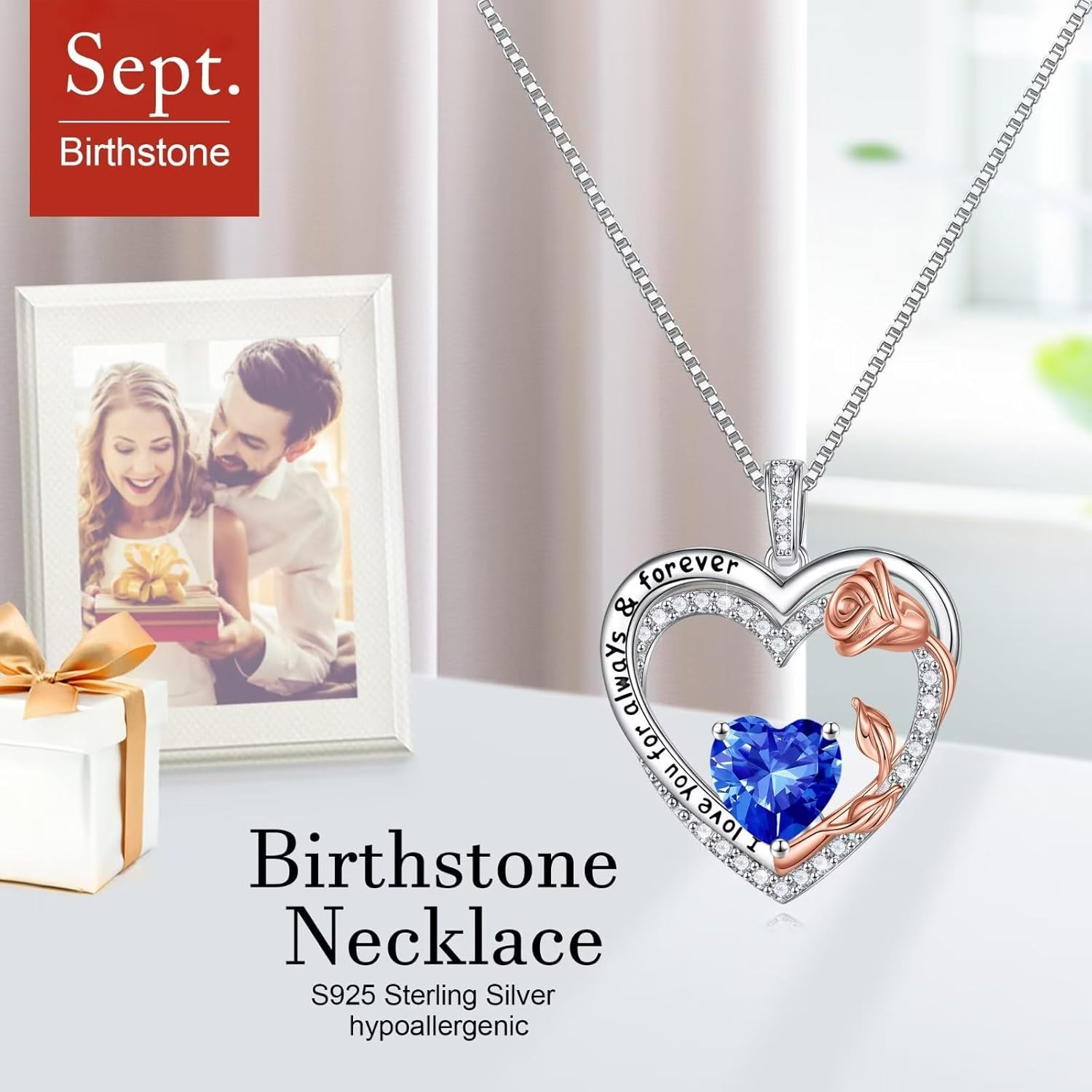 Miniatura 5 de Iefil Regalos para el día de la madre collar de plata de ley 925 con piedra natal de corazón rosa, regalo de aniversario, día de San Valentín,