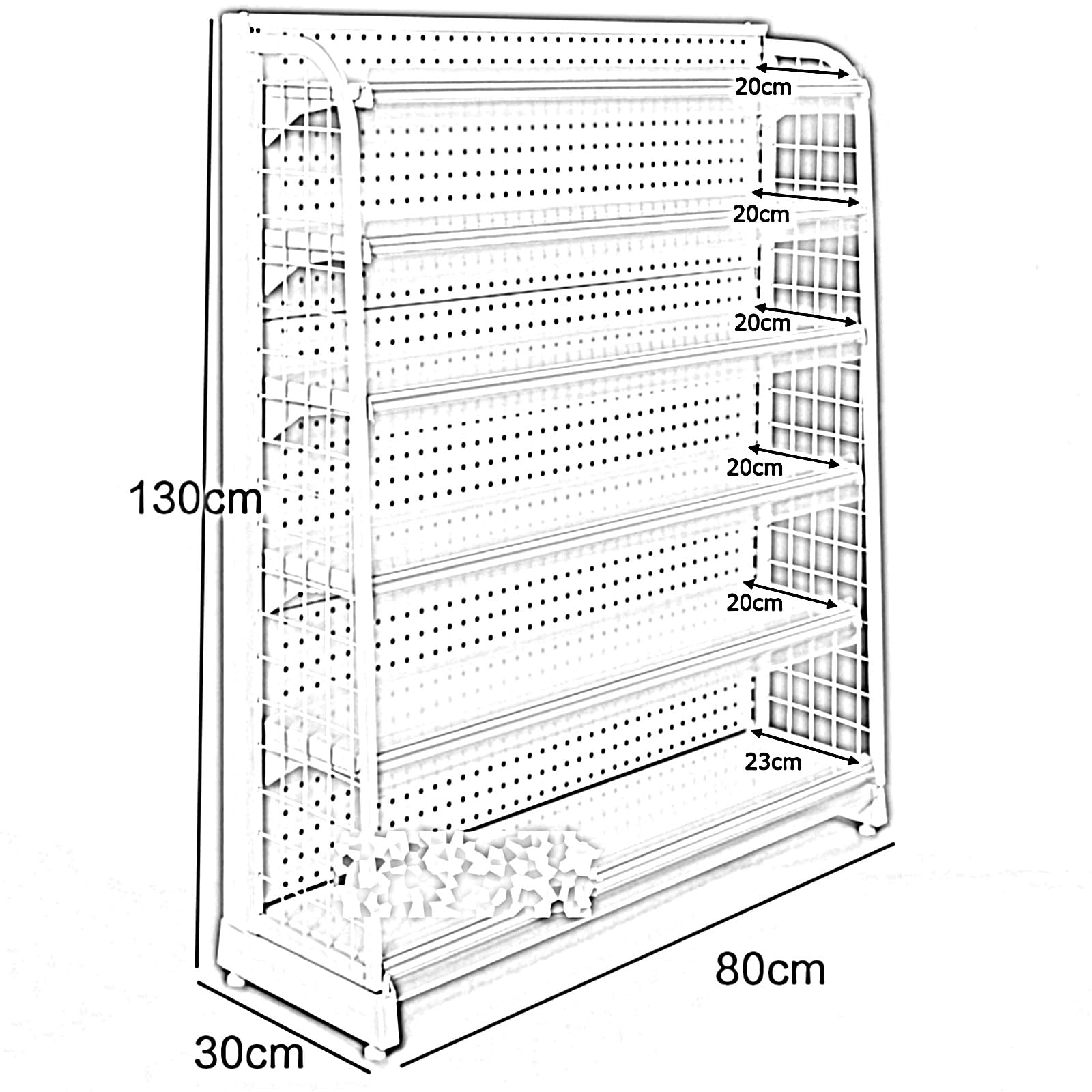 Scaffale regolabile in metallo a 6 ripiani ad alte prestazioni, per negozi, espositori, bianco robusto (80 x 30 x 130 cm)