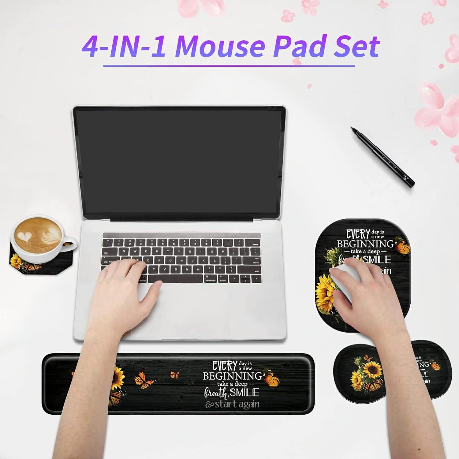 Sunflower Keyboard Wrist Rest Pad + Small Mouse Pad + Wrist Rest Pad + Cup Coaster Set, Inspirational Quotes Ergonomic Wrist Rest Support Gel Pad, Pain Relief Memory Foam Set for Gaming, Office