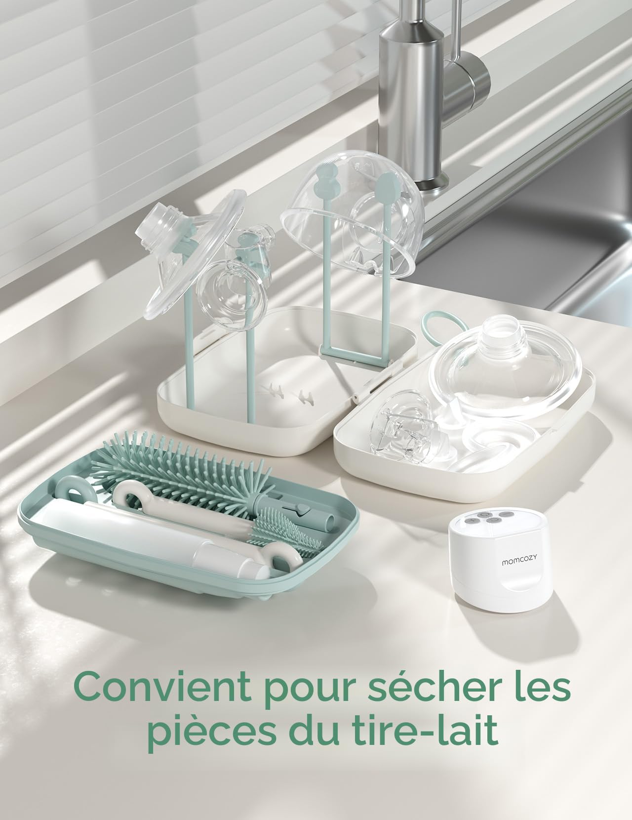 Momcozy Goupillon Biberon Silicone｜Kit Nettoyage Voyage avec Brosse Tétine + Écouvillon + Boîte de Rangement｜Support Séchage Intégré｜Prêt pour Sortie Bébé