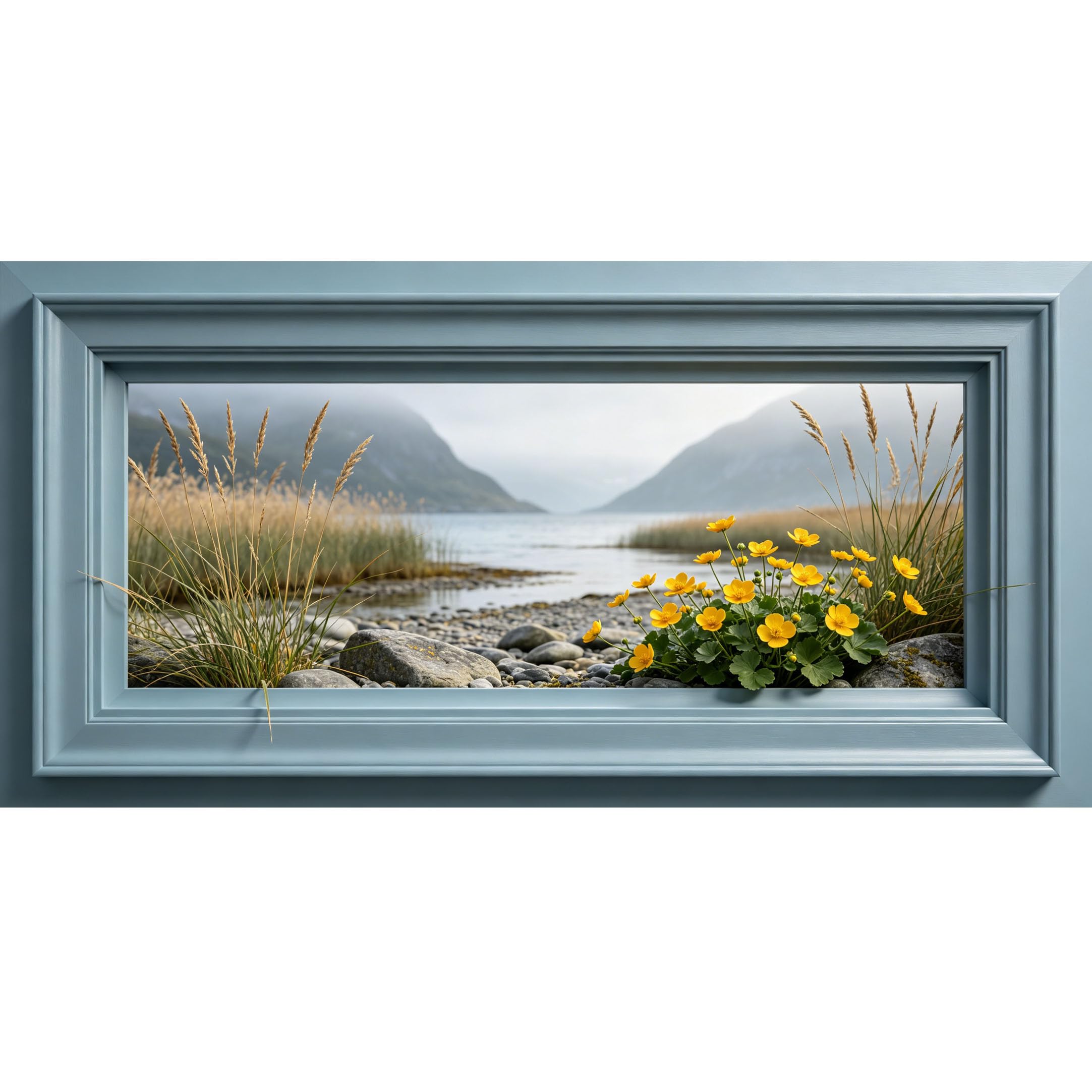 Agglomerix 3D Framed Wall Art Yellow Wildflower Mountain Lake Shoreline Scenery Landscape Large Size SelfAdhesive Removable Wall Decor Prints Artwork for Living Room Bedroom Office