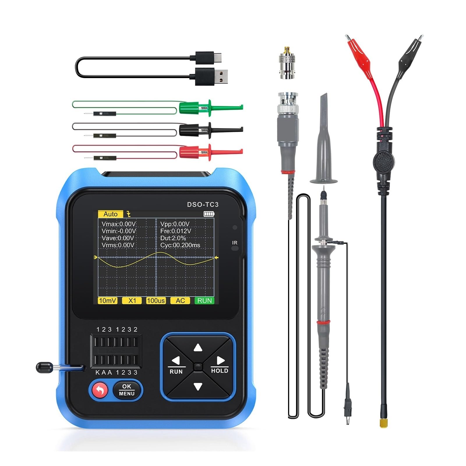 TC3 oscyloskop cyfrowy 3 w 1 Generator sygnału funkcyjnego Tester próbnik elektroniczny Test napięcia 500 KHz 10 MS/s(Option)