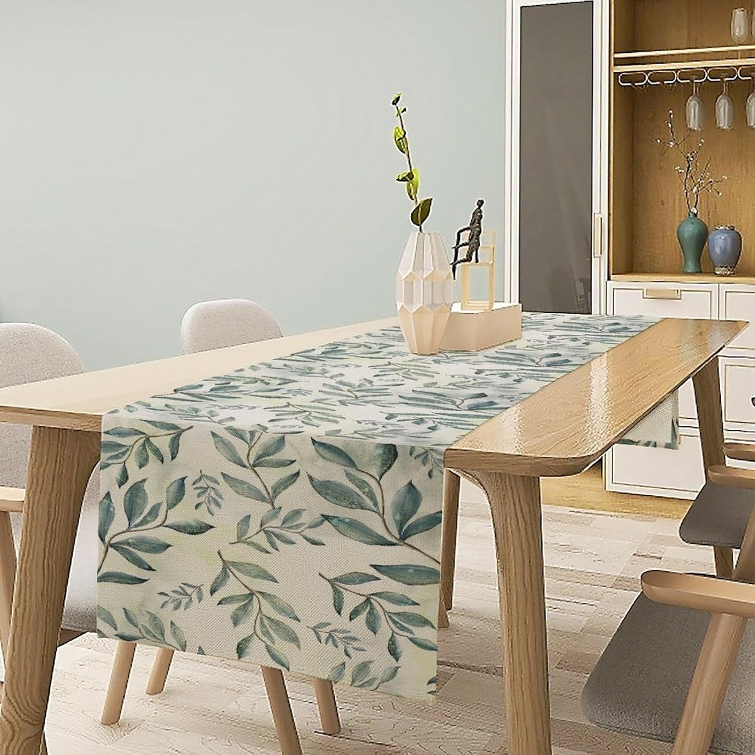 Leaf Table Runner,Boho Green Leaves Pattern Table Runner for Coffee Table Dining Room Table Bedroom Party Holiday Decor 13x90inch