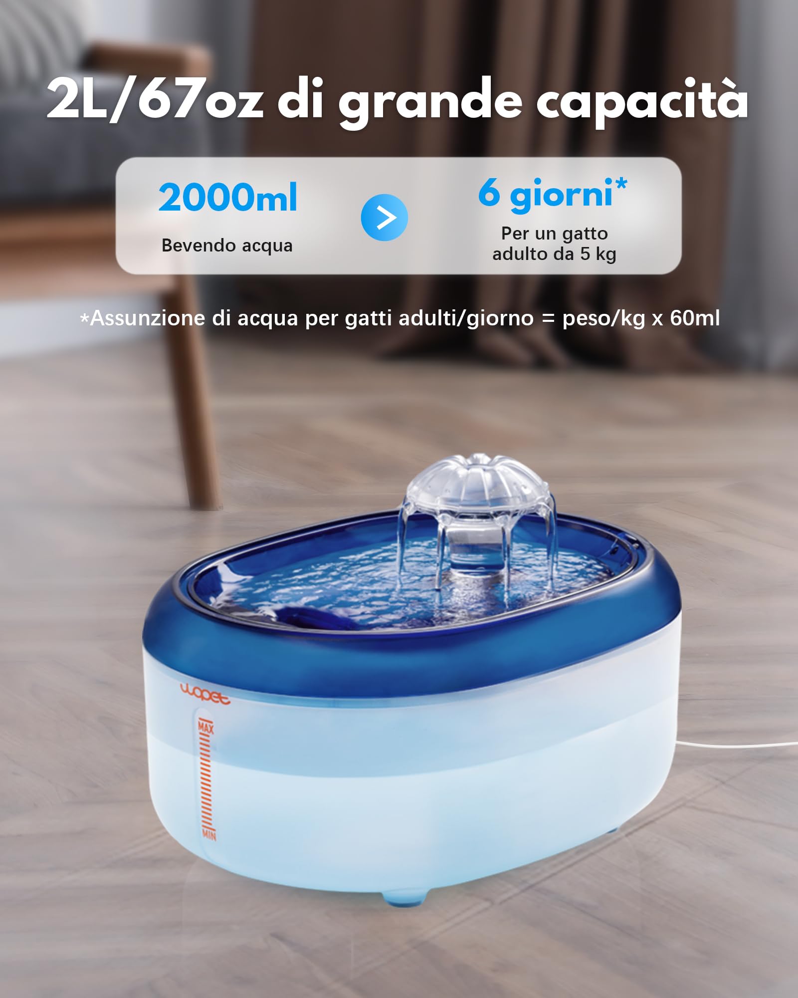 WOPET Fontanella per Gatti, Fontana per Gatti e Cani, Fontanella per Gatti Ultra Silenziosa con 2 Modalità di Erogazione, 1 Filtro al Carbone Attivo, 1 Pompa USB Regolabile (2L, Bianco e blu)