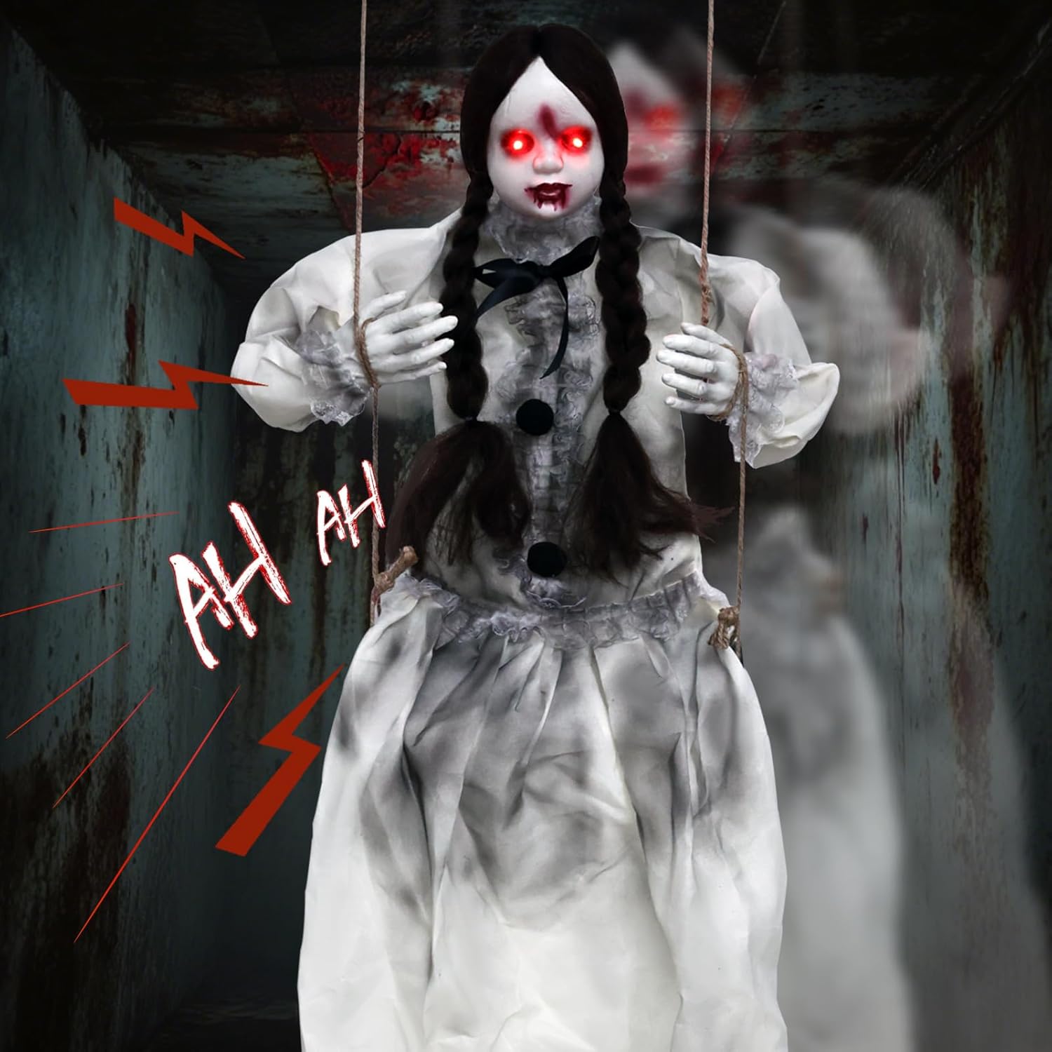Scary Halloween Decorations Outdoor, Hanging Swinging Girl Ghost with Lighted Eyes and Creepy Sound, Sound Activated Scary Animatronic Doll Prop for Haunted House Yard Porch Halloween Party Decor Creepy Braided Doll