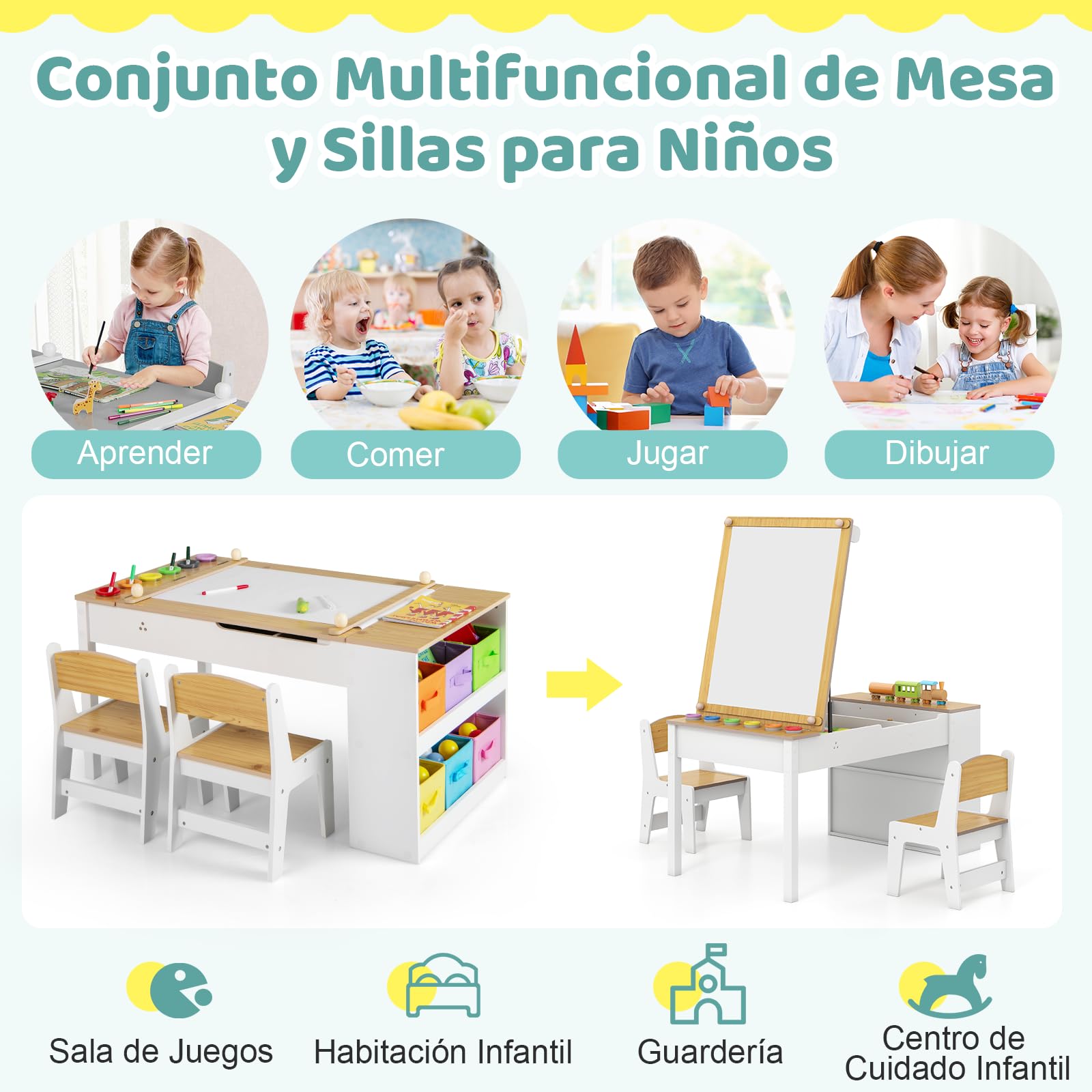 COSTWAY Juego de Mesa y 2 Silla de Arte para Niños, Escritorio de Juegos y Manualidades 2 en 1 para Niños con Mesa Elevable, Rollo de Papel, Vasos de Pintura y 6 Contenedores (Natural)