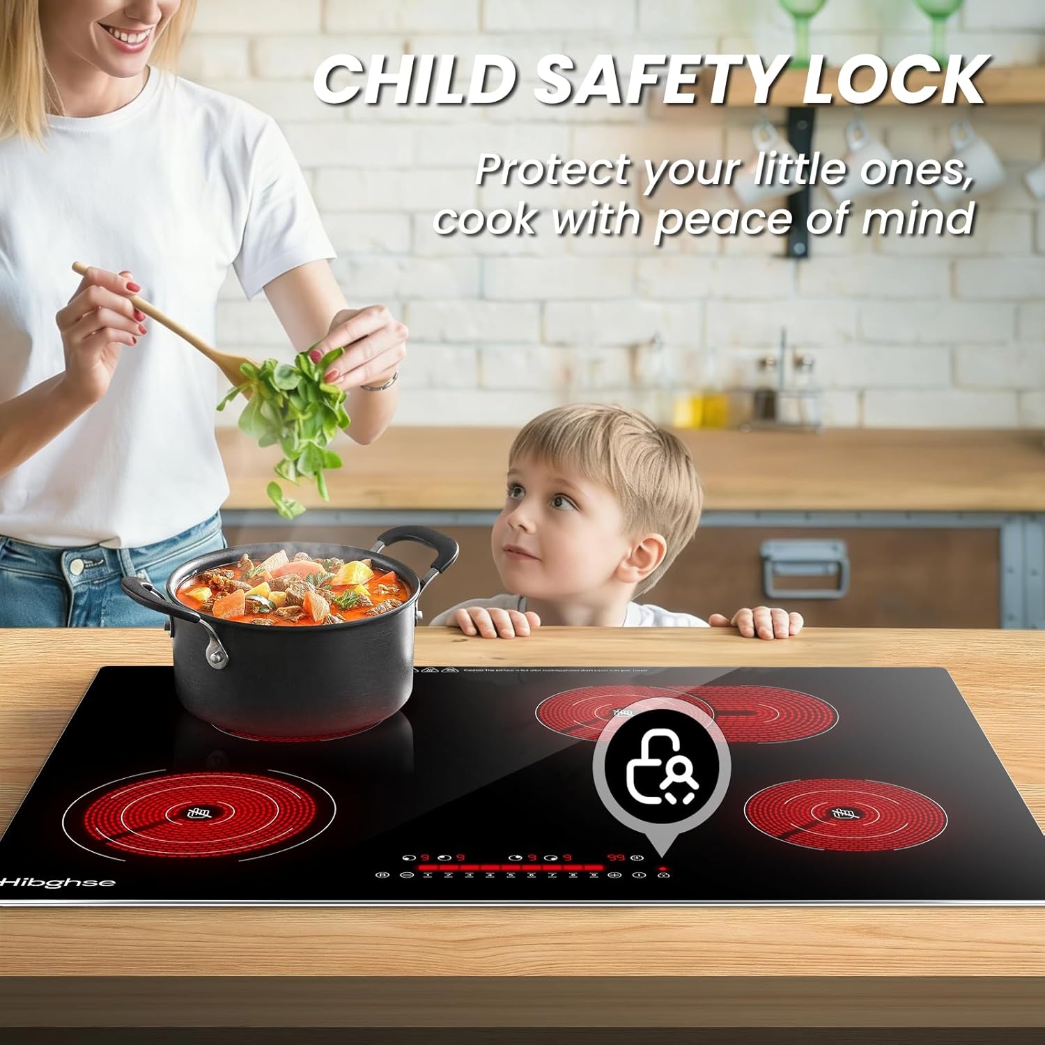 30 Inch Electric Cooktop, Built-in Ceramic Cooktop 4 Burner Stove Top, Radiant Cooktops with Glass Protection Metal Frame, Timer & Safety Lock, 220-240V, Hard Wire (No Plug)