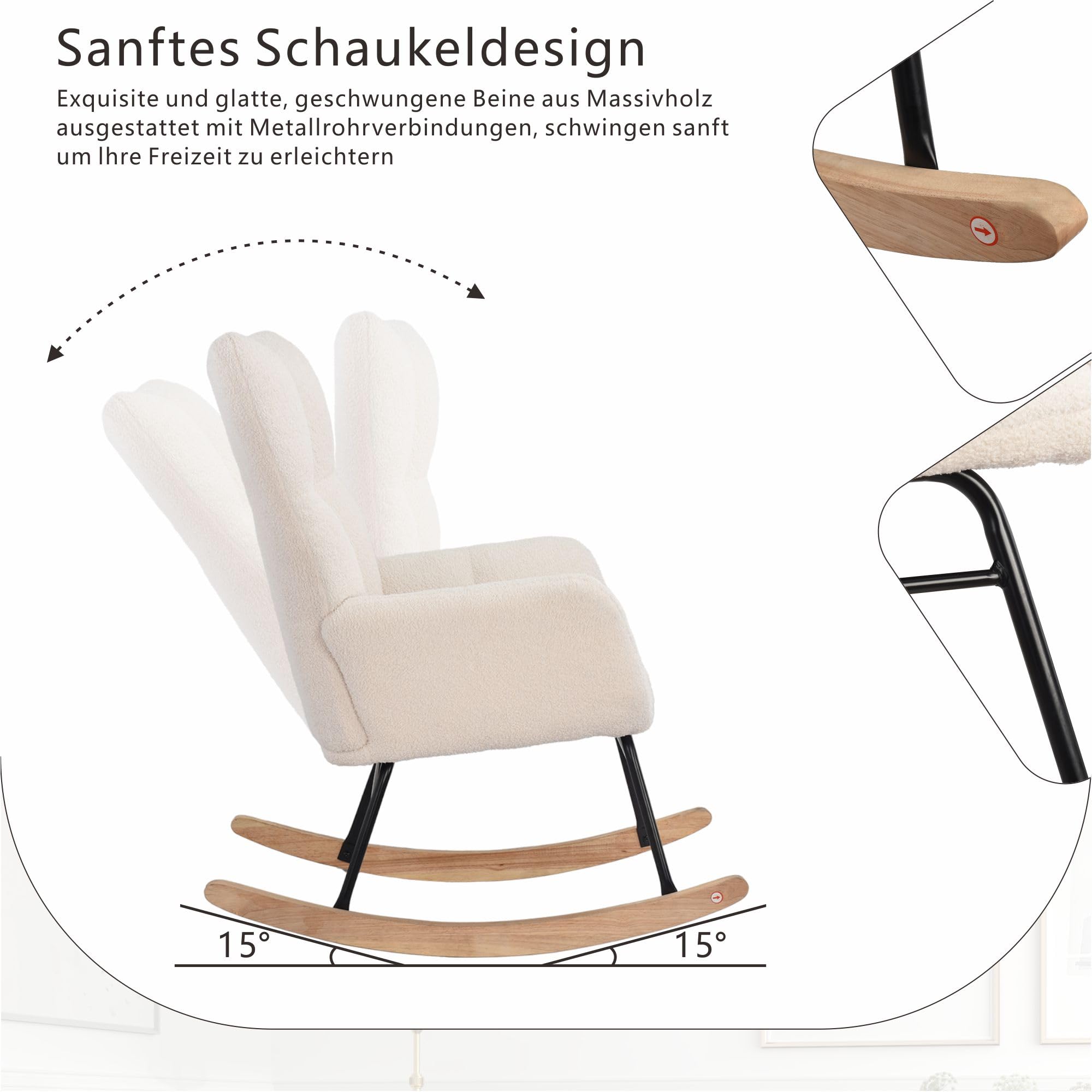 Fotel bujany z podłokietnikami, pikowane krzesło bujane Rocking Chair Fotel bujany Sypialnia Ergonomiczne wyściełane krzesło Aksamitne tkaniny Fotele do salonu (Biały L, Aksamit)