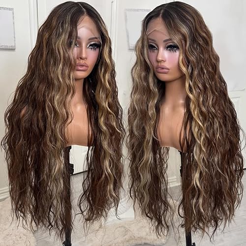 YUPEWG Synthetic Lace Front Wig 13x4x1 Middle Part Highlight Brown Natural Wavy Glueless Wigs Ready to Wear Wigs for Black Women Pre Plucked With Baby Hair