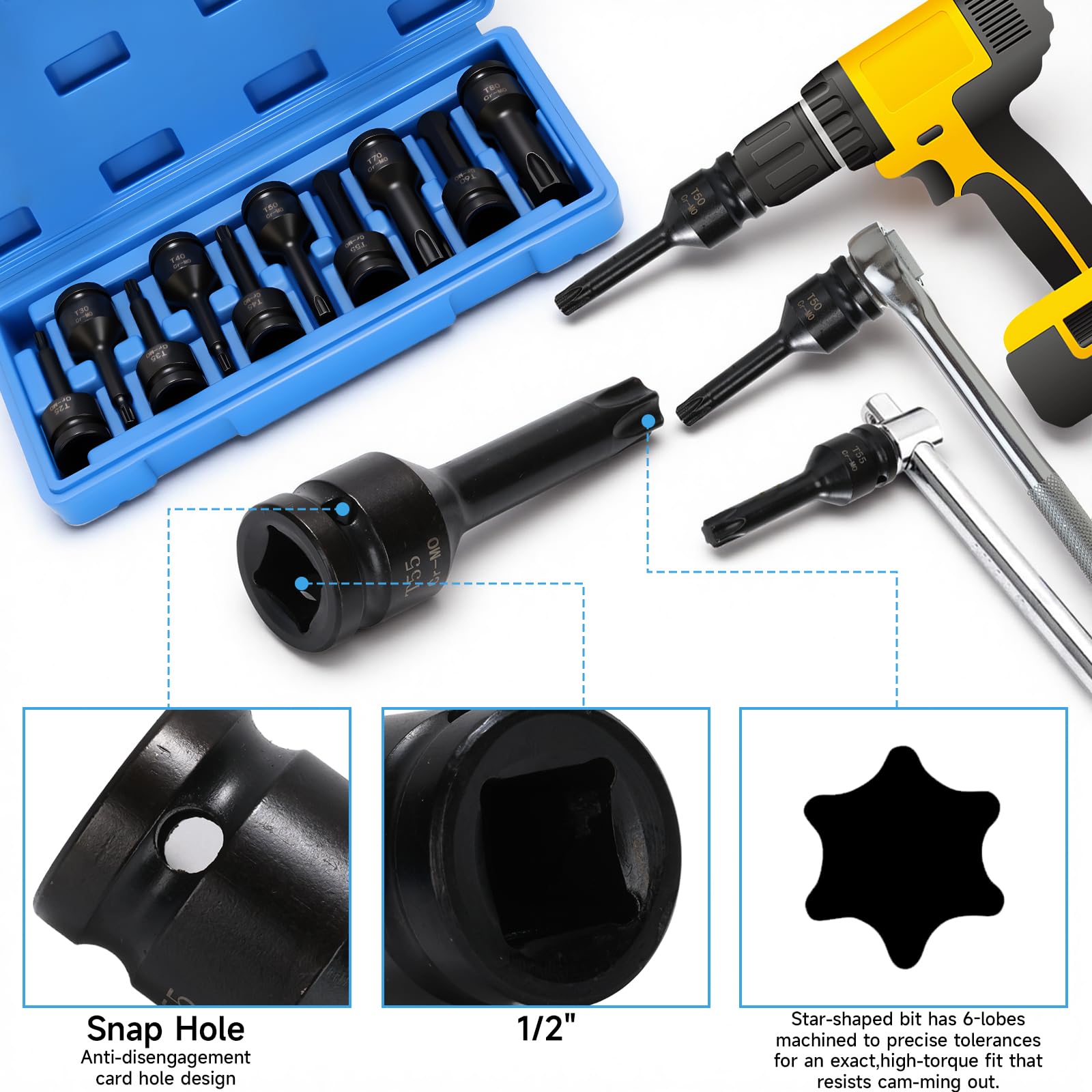 10 Piezas llaves de vaso de impacto XZN, Juego de Llaves de Vaso Multidientes 1/2”, M5,M6,M8,M10,M12,M14,M16,M17,M18,M19