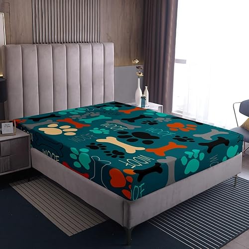 Miniatura 7 de Sábanas de cama con estampado de patas de perro para niños, sábana bajera ajustable de huesos coloridos para los amantes de los perros, juegos de