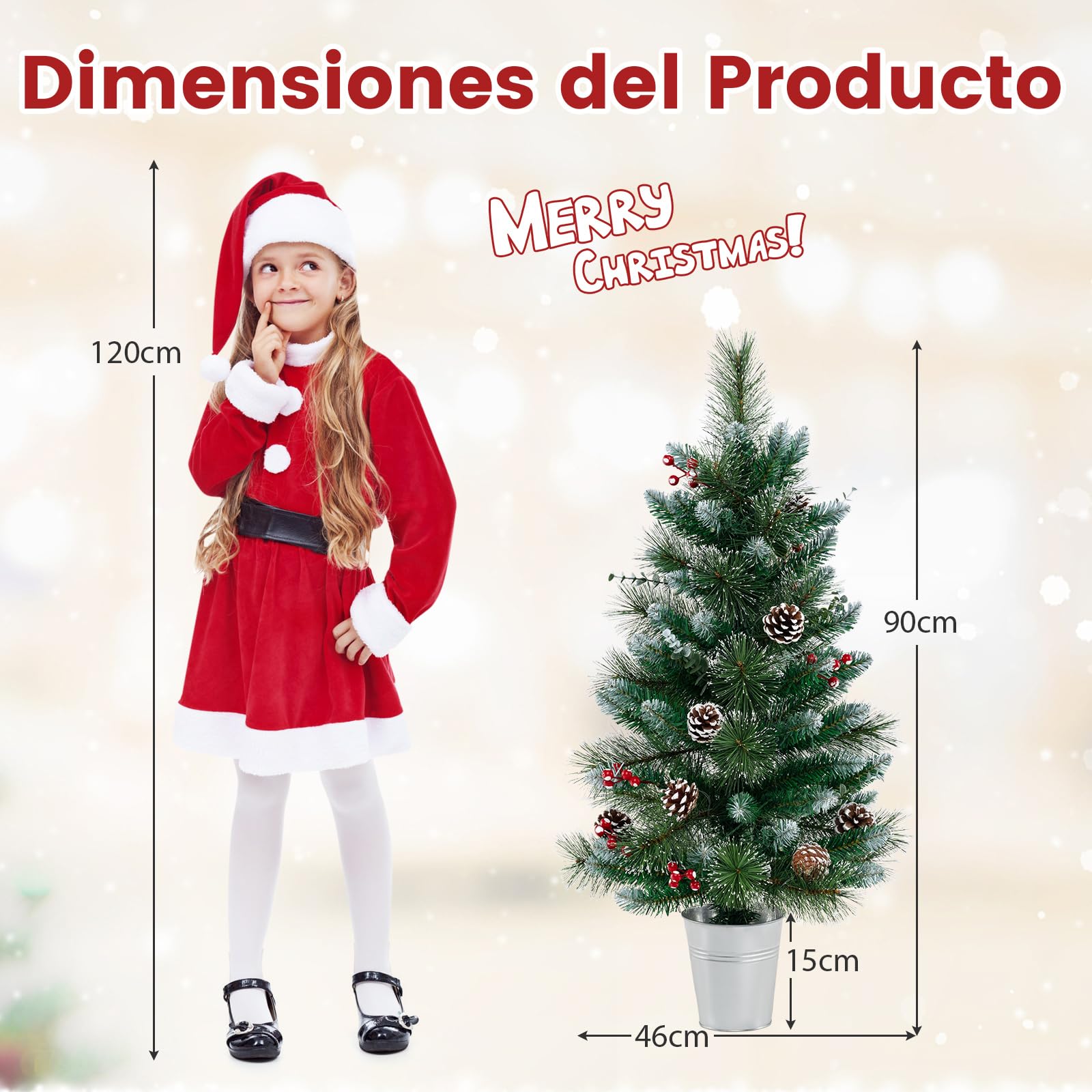 COSTWAY Mini Árbol de Navidad con Luces 90cm, 20 Luces Blancas Cálidas, 8 Modos, Temporizador, 81 Puntas de PVC y Pino, 5 Piñas y 8 Bayas Rojos, Árbol de Navidad Nevado Pequeño de Mesa/Escritorio