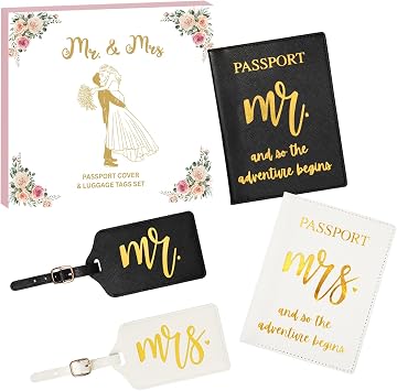 Mr & Mrs Luggage Tags and Passport Holder Set Wedding Gift for Couples, Honeymoon Travel Accessories, Passport Covers with Luggage Tags for Bride and Groom Style1