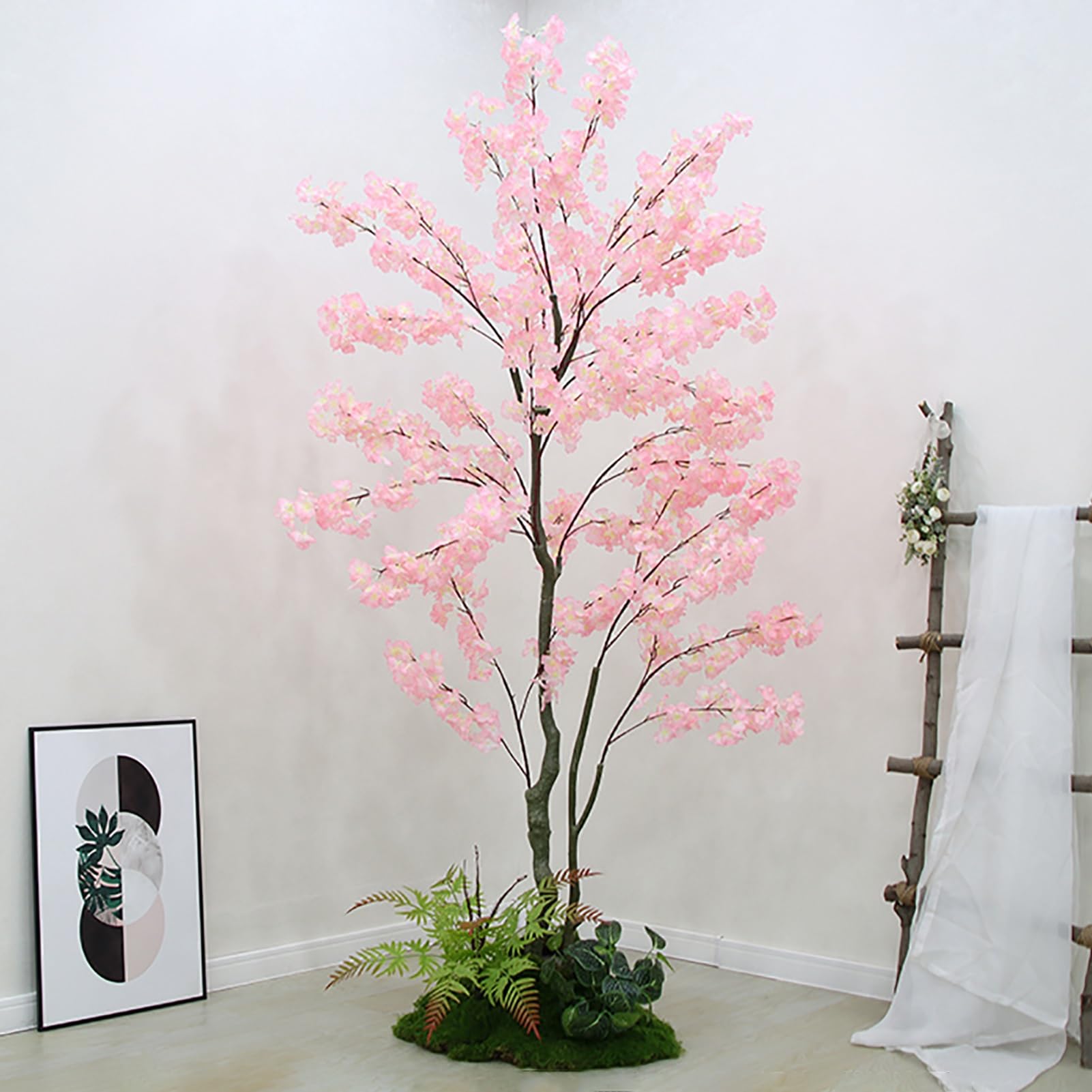 Plantes Artificielles Imitation Cerisier en Fleurs avec Mousse Verte Artificielle, Superbe Faux Arbre de Plantes D'extérieur pour Porche de Patio, Pot Décoratif avec Fleur Presque Naturelle(H 200cm(6.